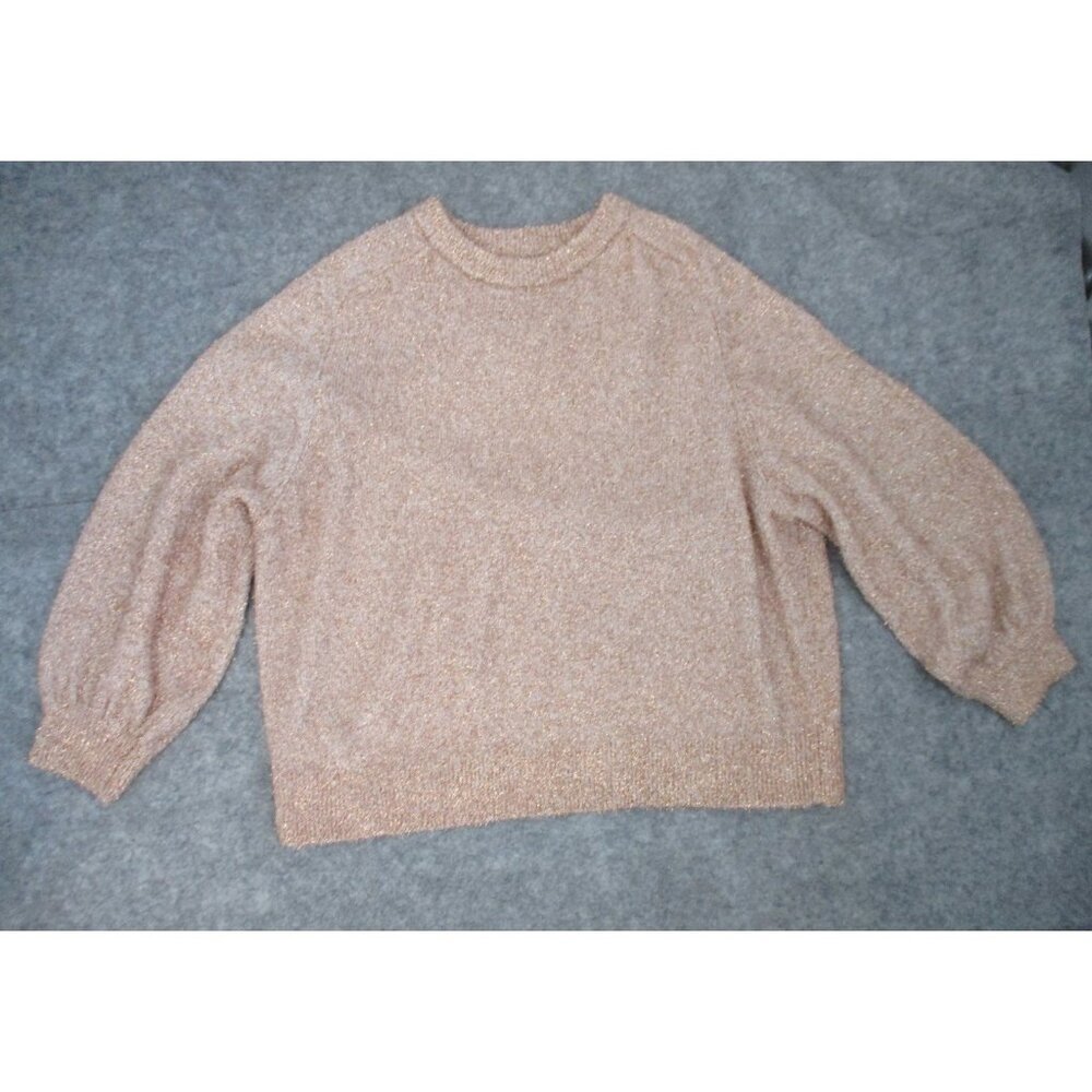 Loft Beige Gold Metallic Shimmer Fluffy Long Sleeve Sweater Womens XL - Picture 2 of 14